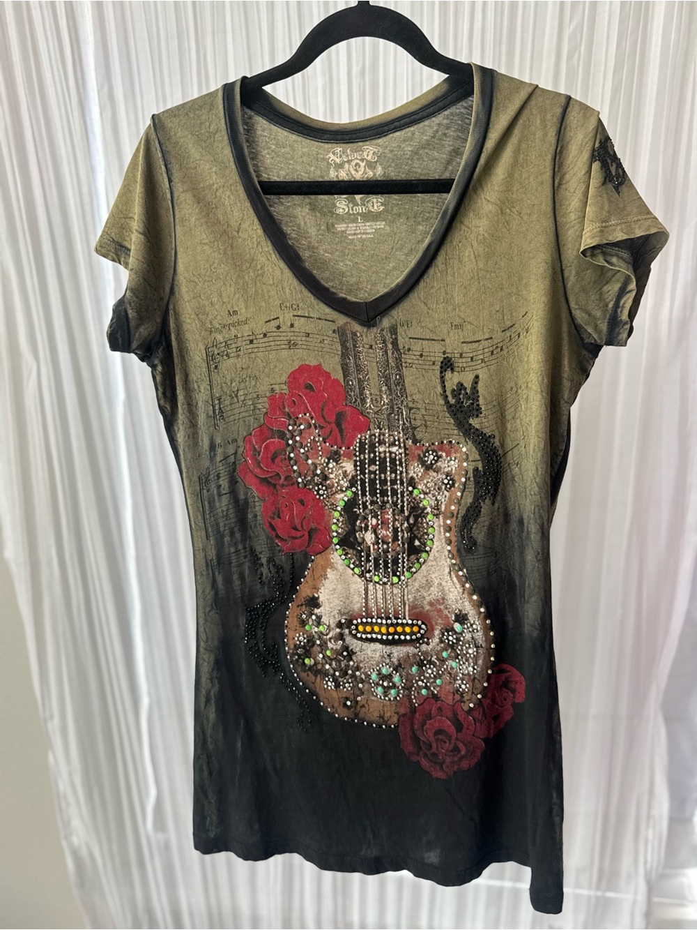 Velvet Stone Olive & Black V-Neck Guitar Tee with Red Rose Embellishments